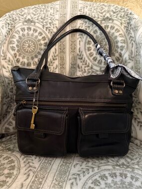 Fossil Black Leather Satchel with Front Pockets